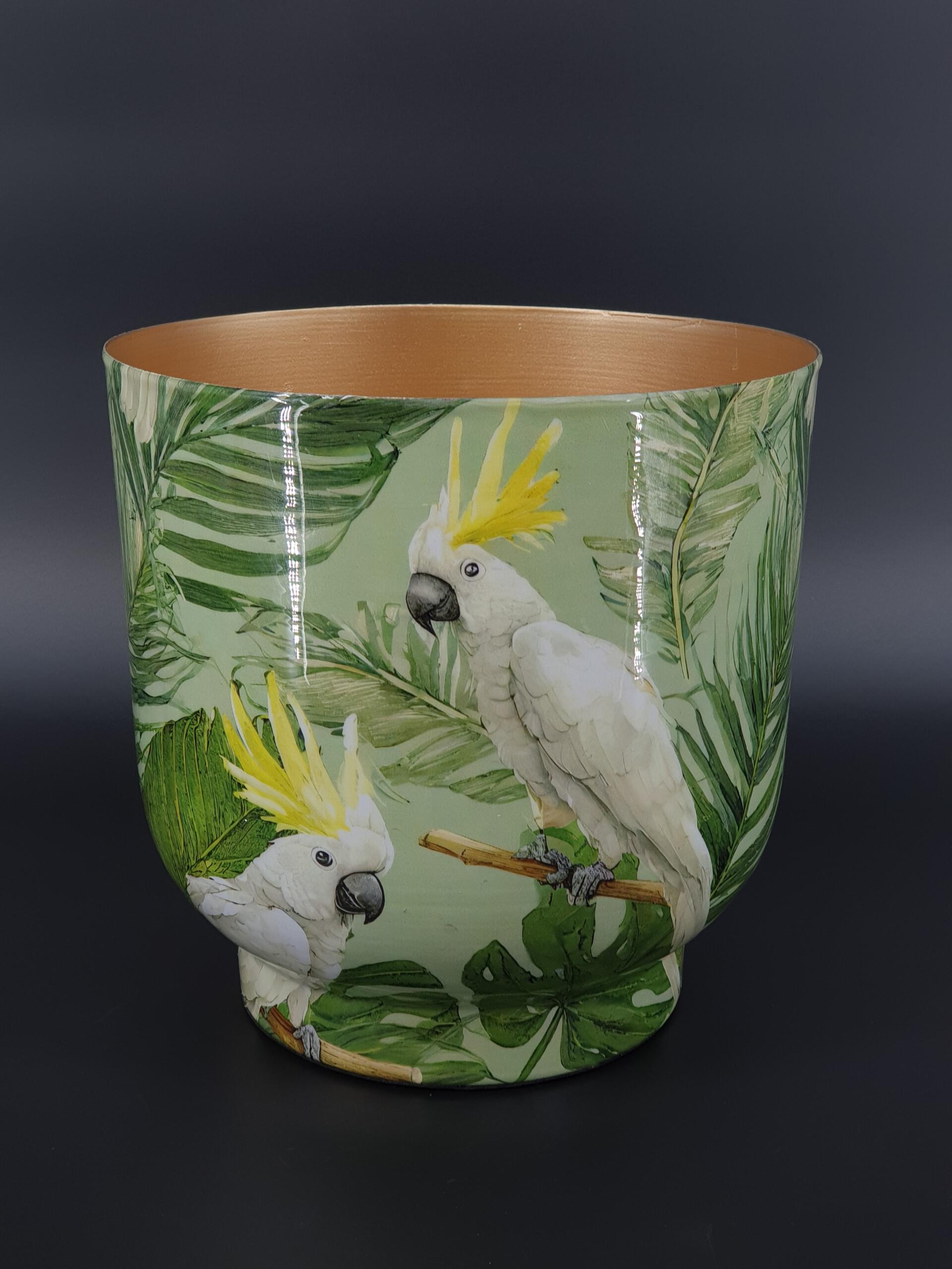 Metalltopf mit Vogeldecor – Kakadu