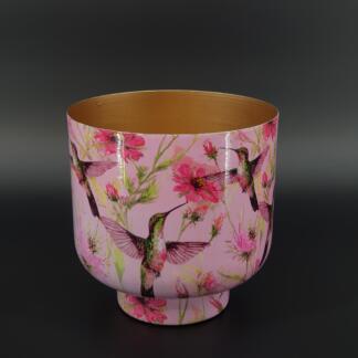 Metalltopf mit Vogel- und Blumendecor – Kolibri und Cosmea