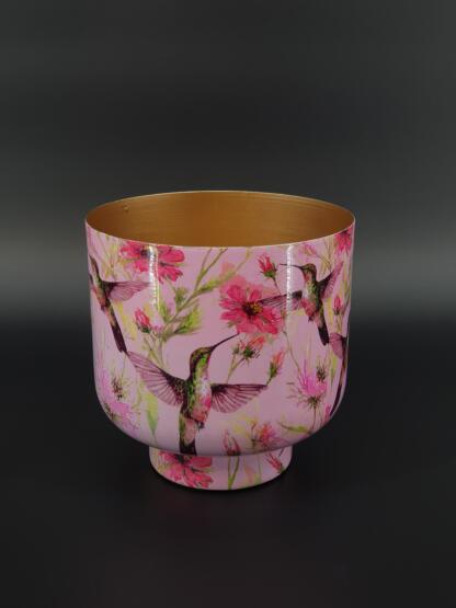 Metalltopf mit Vogel- und Blumendecor – Kolibri und Cosmea
