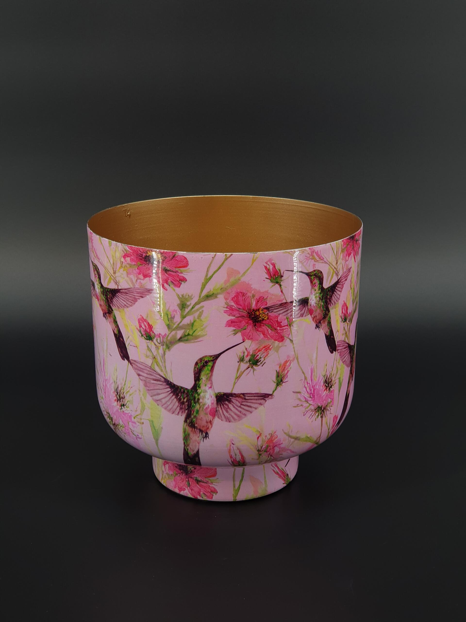 Metalltopf mit Vogel- und Blumendecor – Kolibri und Cosmea