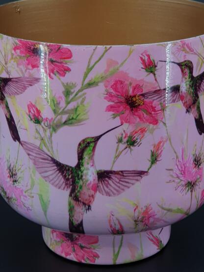 Metalltopf mit Vogel- und Blumendecor – Kolibri und Cosmea – Bild 4