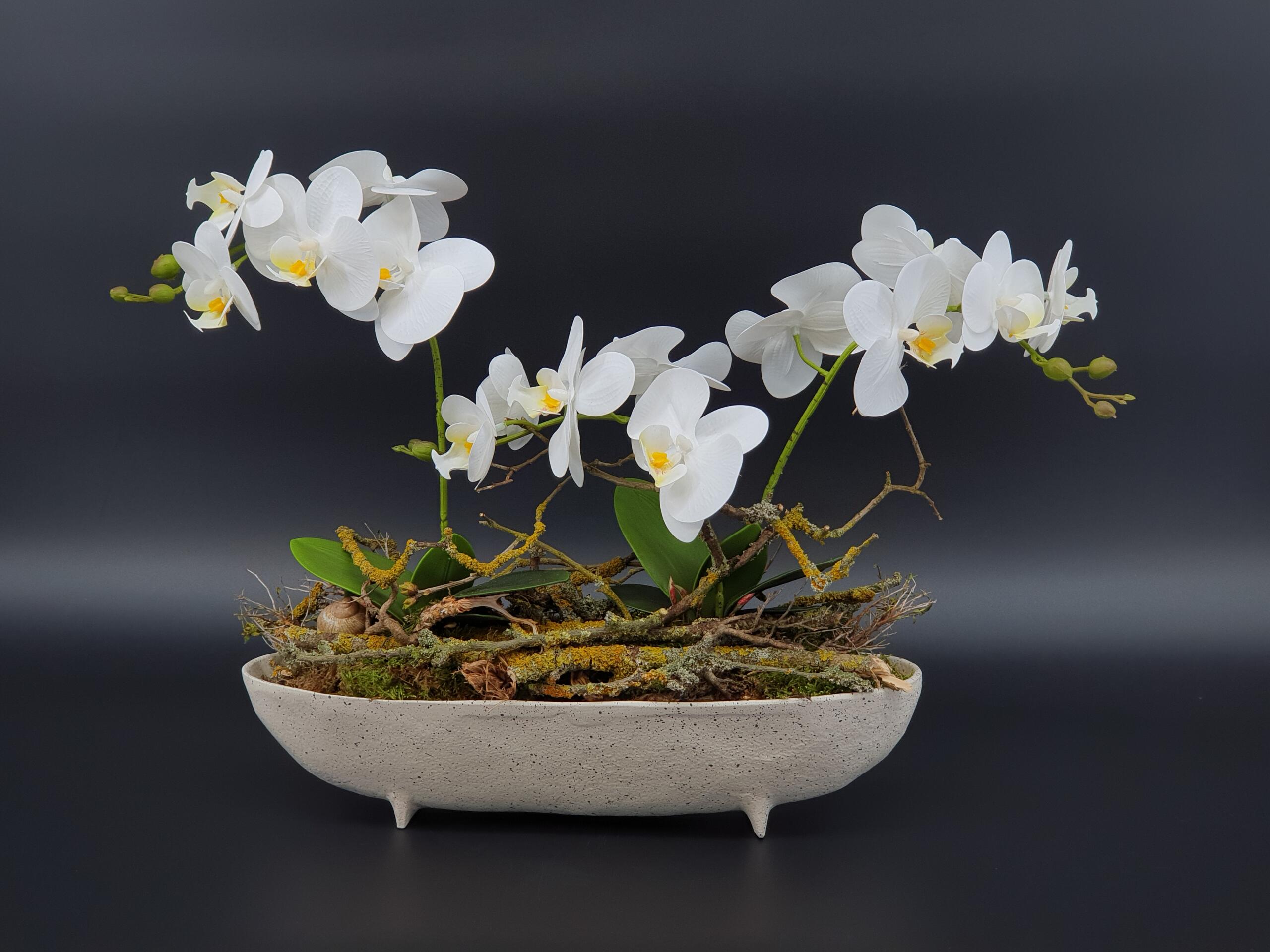 Längliches Orchideengesteck in Keramik