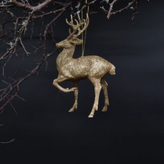 Glitzerhirsch in Gold zum Aufhängen.